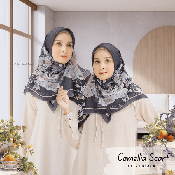 [BELI 2 Gratis Hadiah] Camellia Scarf - CL15.1 Black