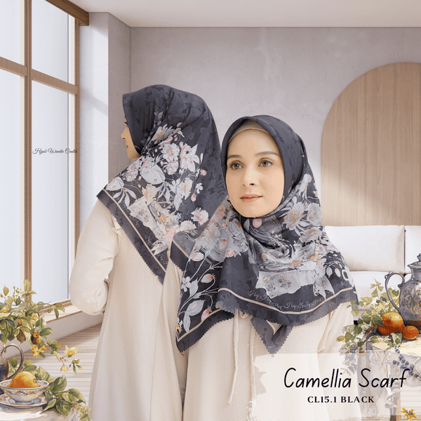 [BELI 2 Gratis Hadiah] Camellia Scarf - CL15.1 Black